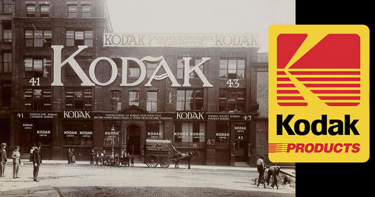 Edificio original de Eastman Kodak junto con logo moderno